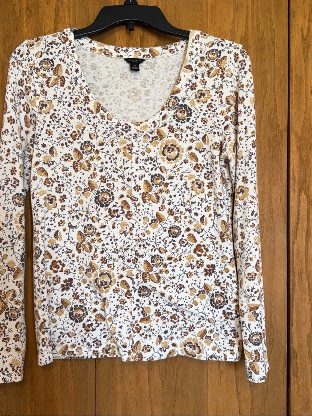 Ann Taylor Floral Scoop Neck Long-Sleeve Top - White with Brown & Gold Floral